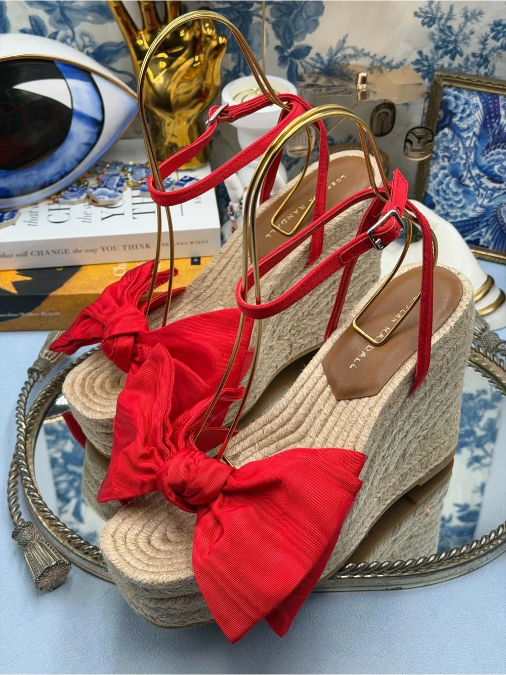 🆕 LOEFFLER RANDALL 🧿 NWOB Angelina Red Moiré Bow Wedge Espadrille, Sz 9